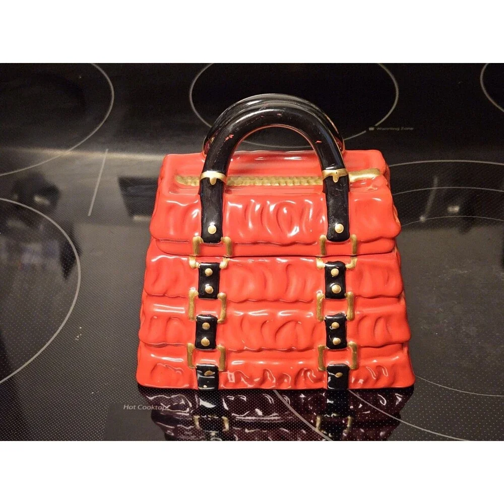 David's Cookies Ceramic Red Pleated Purse Cookie Jar Candy Dish Collectible